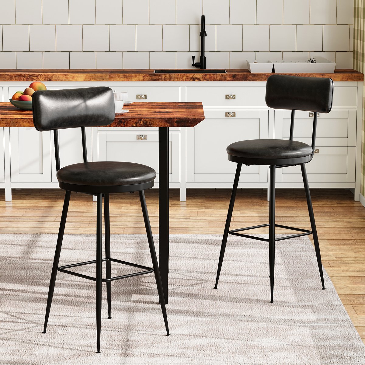 Set van 2 Barkrukken – PU Lederen Barstoelen, Zwart, Comfortabel & Stabiel
