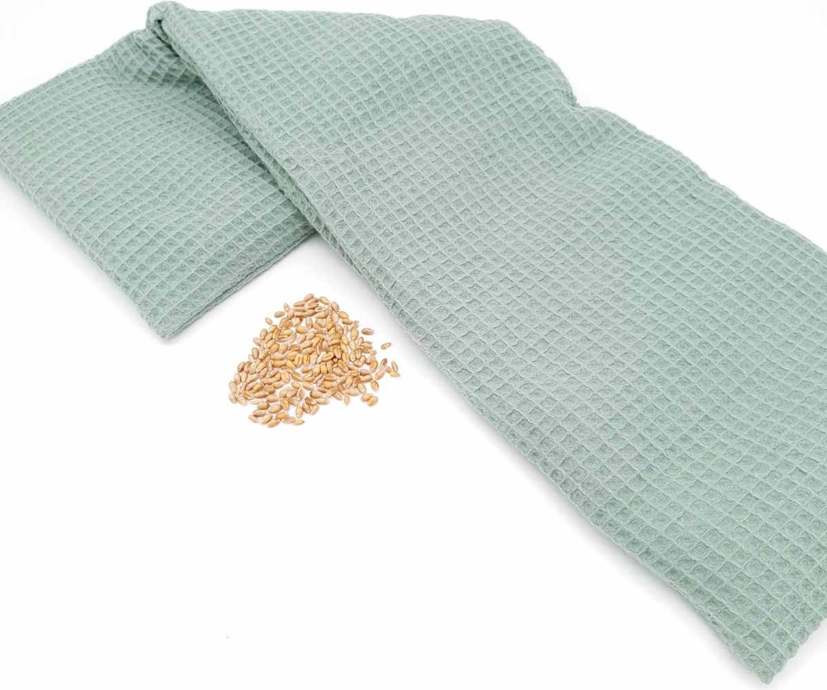 XL Met Pit ✿ Nek en schouders - Wasbare hoes - Warmte pittenkussen / coldpack – Magnetron / Vriezer - Pittenzak Made in NL/BE – Geen kersenpitkussen maar tarwe – Oud groen Wafel — afbeelding 3