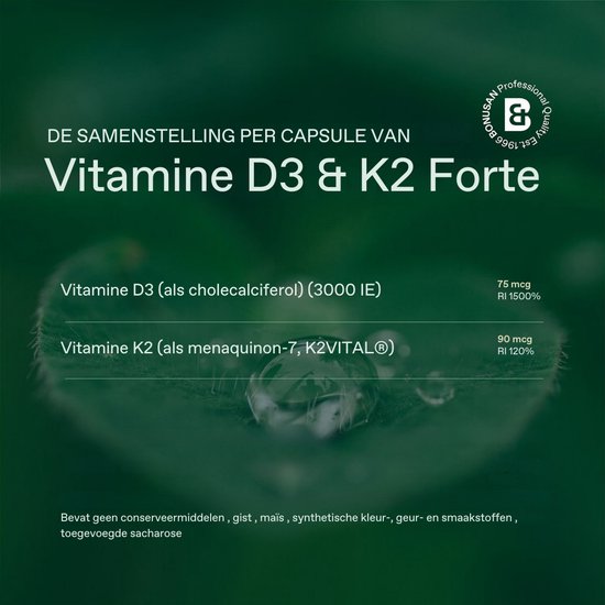 Samenstelling per capsule: Vitamine D3 (3000 IE) en Vitamine K2 (90 mcg K2VITAL®).