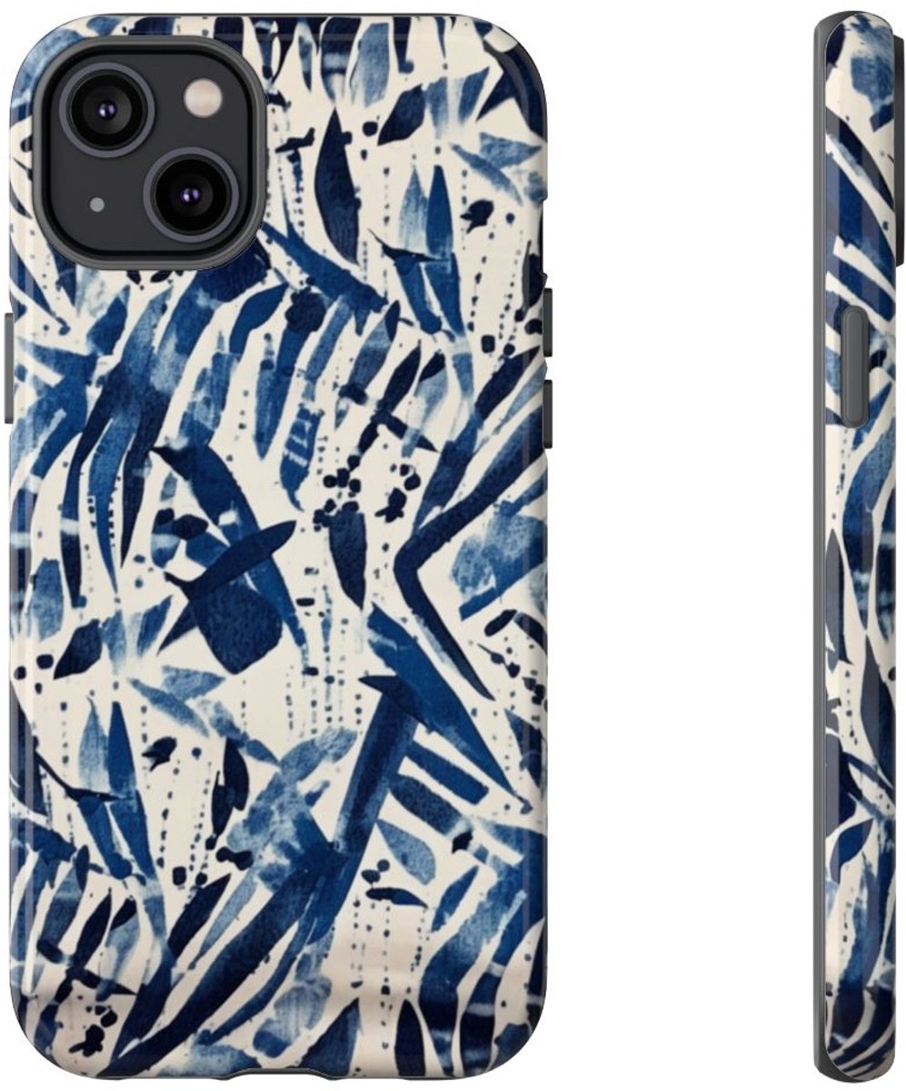 Blauw Abstract Penseelstrepenpatroon – Telefoonhoesje Geschikt voor iPhone 14 Plus