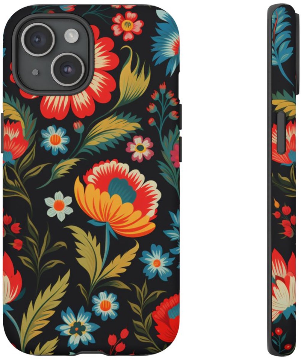 Kleurrijk Folk Art Bloemenpatroon – Telefoonhoesje Geschikt voor iPhone 15