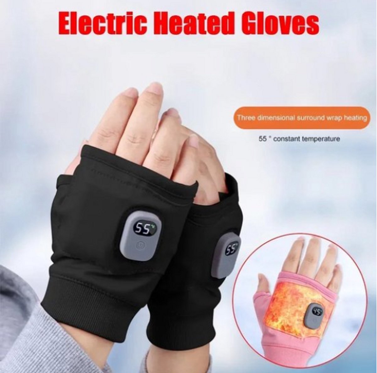 Oplaadbare Thermisch Verwarmde Handschoenen – 360° Warmte Winddicht Vingerloos Warme Handschoenen Elektrische Handschoenen Winter Handschoenen voor Wandelen Fietsen & Outdoor Zwart
