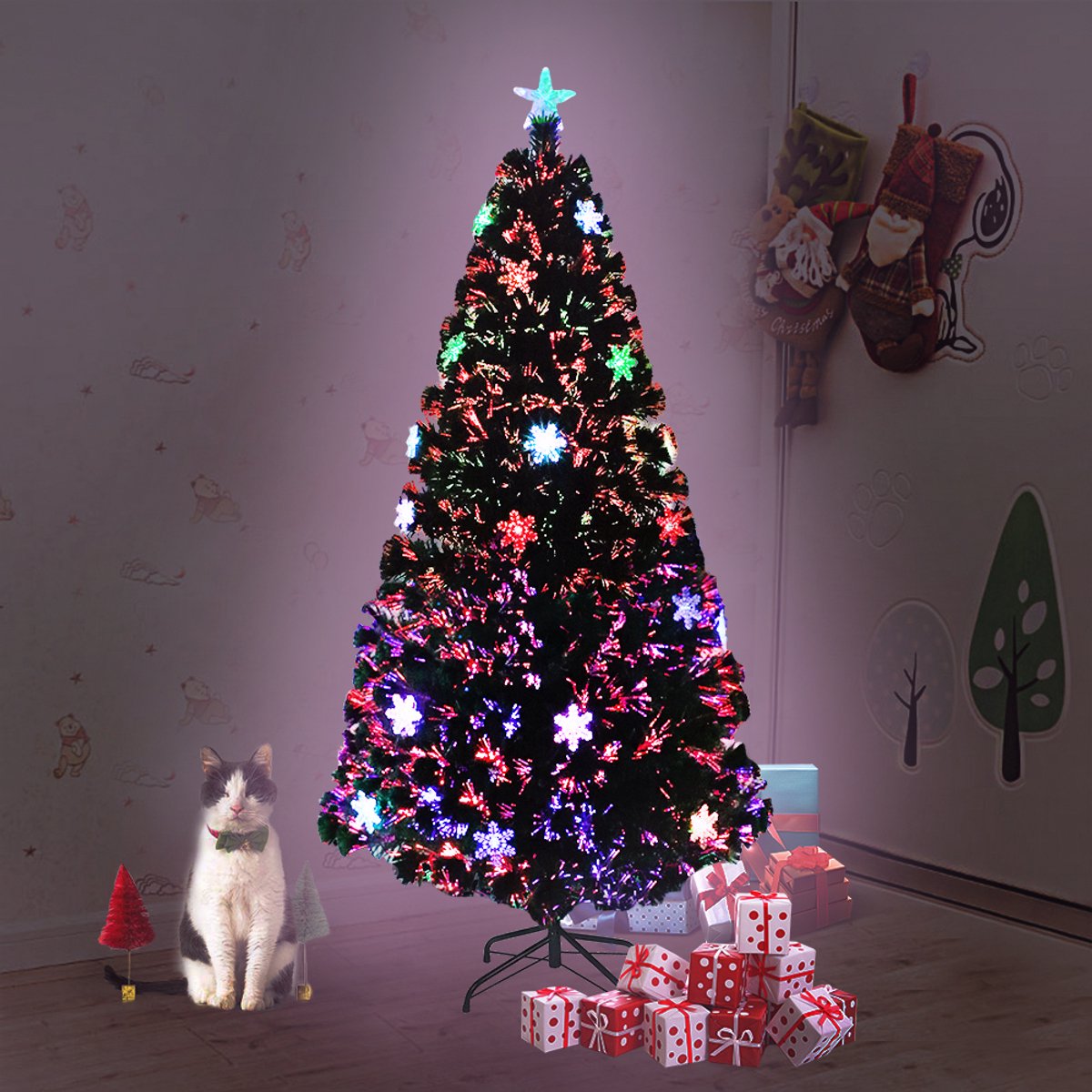 210cm Kunstkerstboom met verlichting PVC dennenboom LED sneeuwvlokken glasvezel kleurverandering groene boom metalen standaard decoratieve boom kunstkerstboom met metalen standaard – foto 8