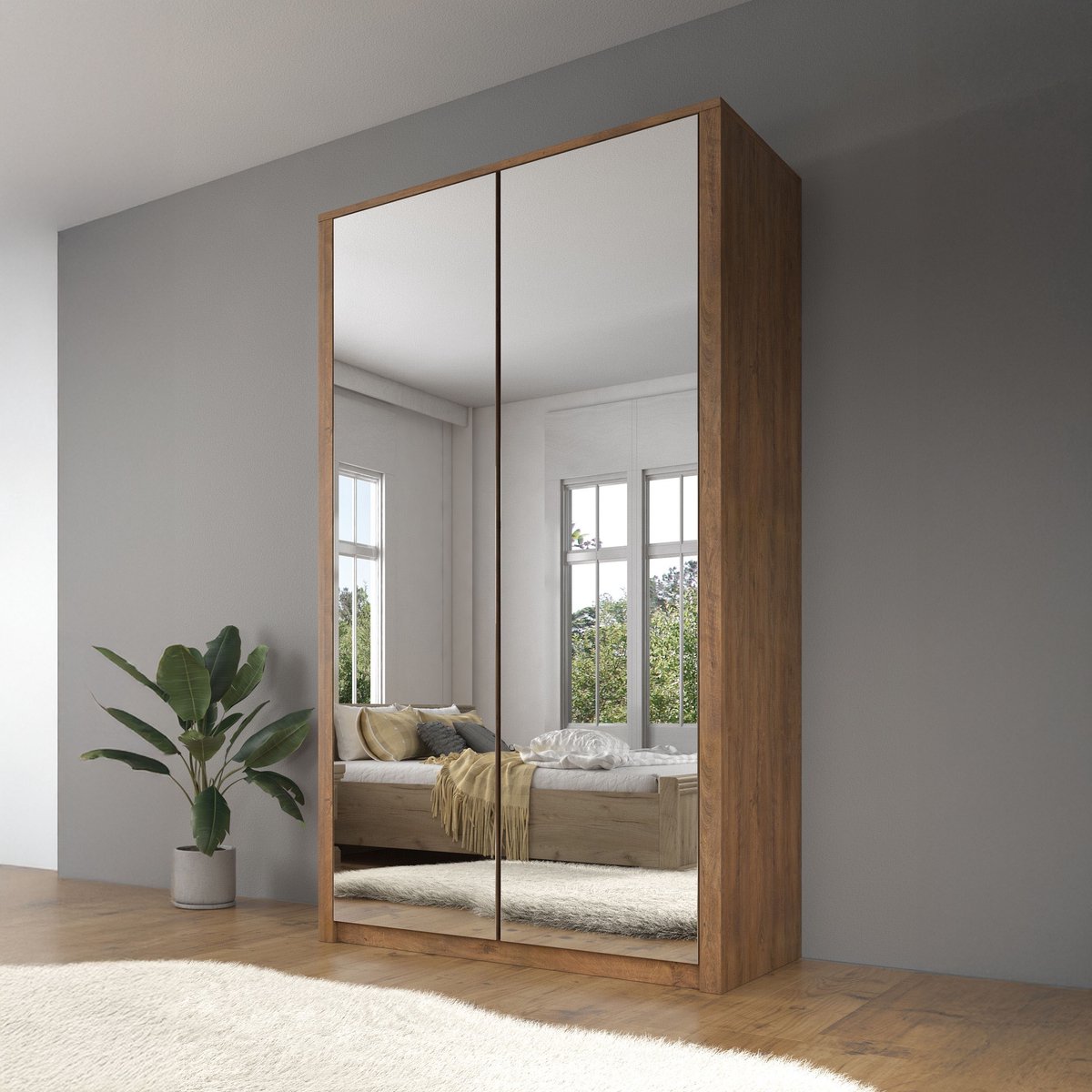 MEUBELLA Kledingkast Malibu - Eiken - 113 cm - Met spiegel Bruin