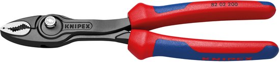 Knipex 82 02 200 voorgriptang met rode en blauwe handvatten, staand.