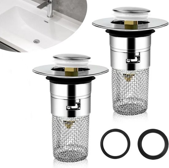 Afvoerzeef voor wastafel, 3-in-1 afvoerstop met zeef en afneembare roestvrijstalen filtermand, stop, wastafelstop voor 28-58 mm, messing kogelkern, chroom