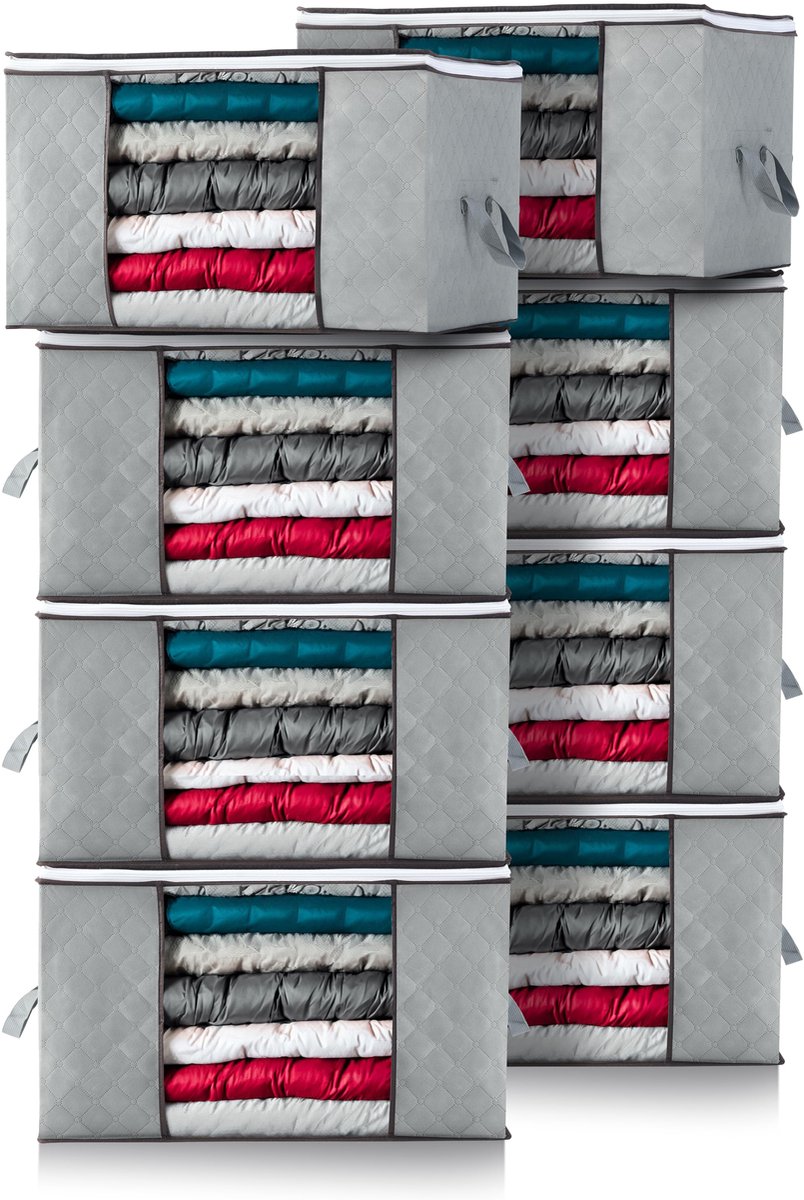 TTLUOKER®Opbergtas en Organiser - 8 stuks - Grijs - Opbergboxen voor Dekbed en Kleding - Opbergzak met handgrepen en rits - 60 x 45 x 30 CM - 90 L - Opberghoes met Doorkijkvenster - Opbergen voor Beddengoed - Opvouwbaar - Hoogwaardig en duurzaam