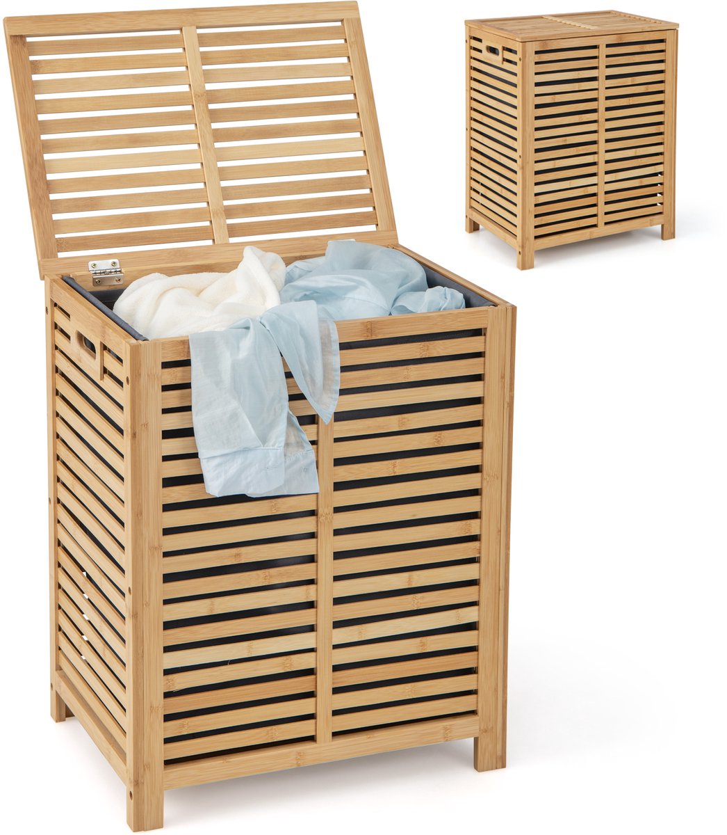 COSTWAY Wasmand met deksel, groot, 80 liter wasverzamelaar, bamboe, wasbox met waszak, uitneembaar en wasbaar, voor badkamer, slaapkamer, woonkamer