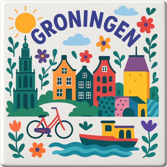 Carreau de Groningue - 15 x 15 cm - Céramique - Souvenir décoratif - Avec support/chevalet transparent - Cadeau - Carreaux avec texte