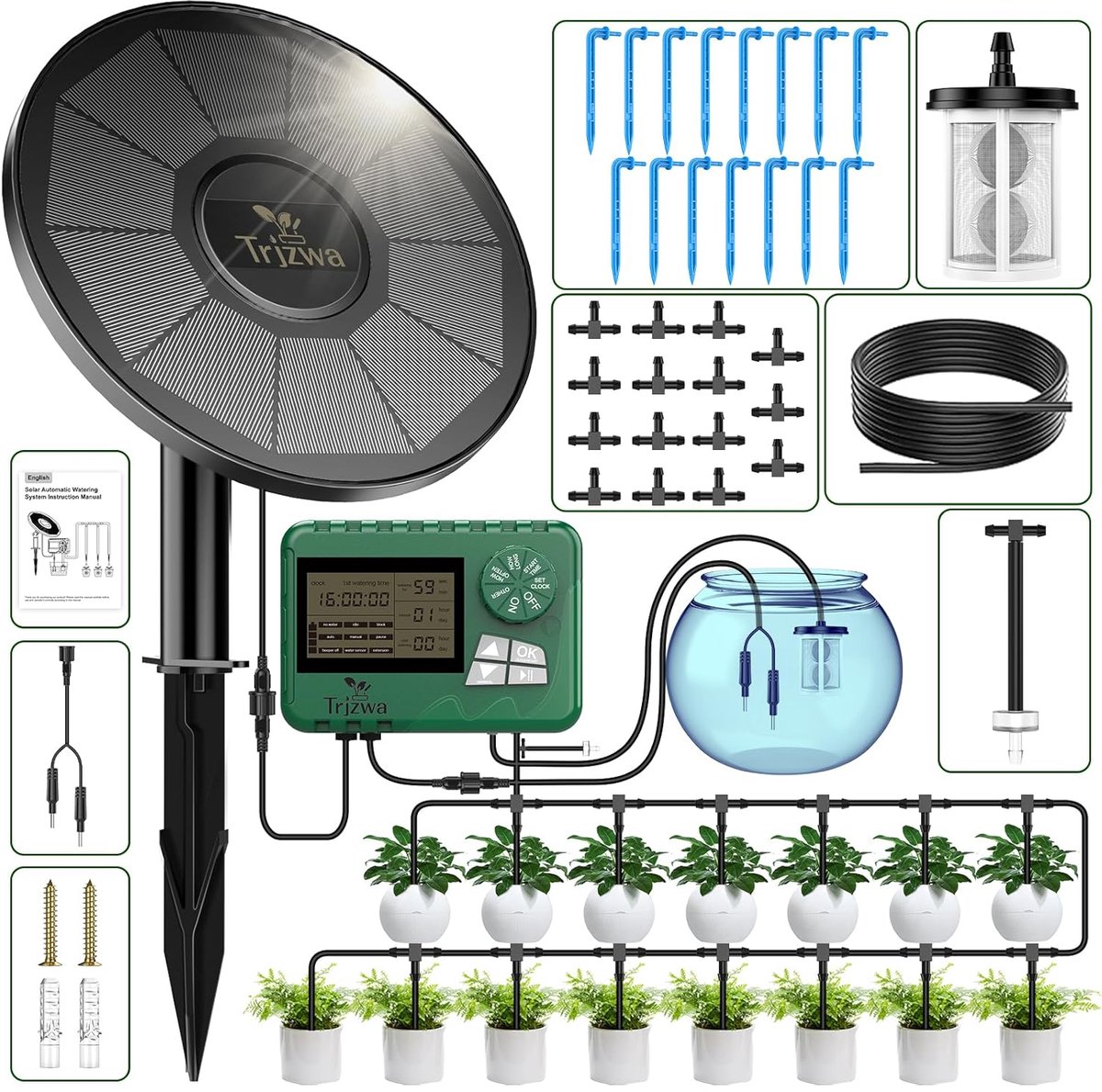 Automatisch Zonne-irrigatiesysteem met Vroegtijdige Waarschuwingsfunctie - Druppelirrigatie Kit met 15 Meter Waterslang