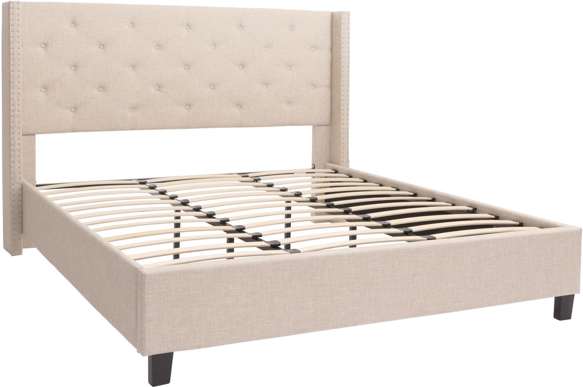 Gestoffeerd bed MCW-N59, bed tweepersoons lattenbodem, massief hout stof/textiel 180x200cm ~ crème-beige