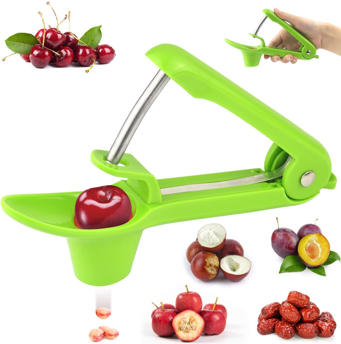 Ynkkvre - kersenontpitter - kersen ontpitapparaat en olijf ontpitter - snelle ontpitten met één hand - eenvoudig schoon te maken - geschikt voor kersen, jujubes, rode dadels en meidoorn - groen