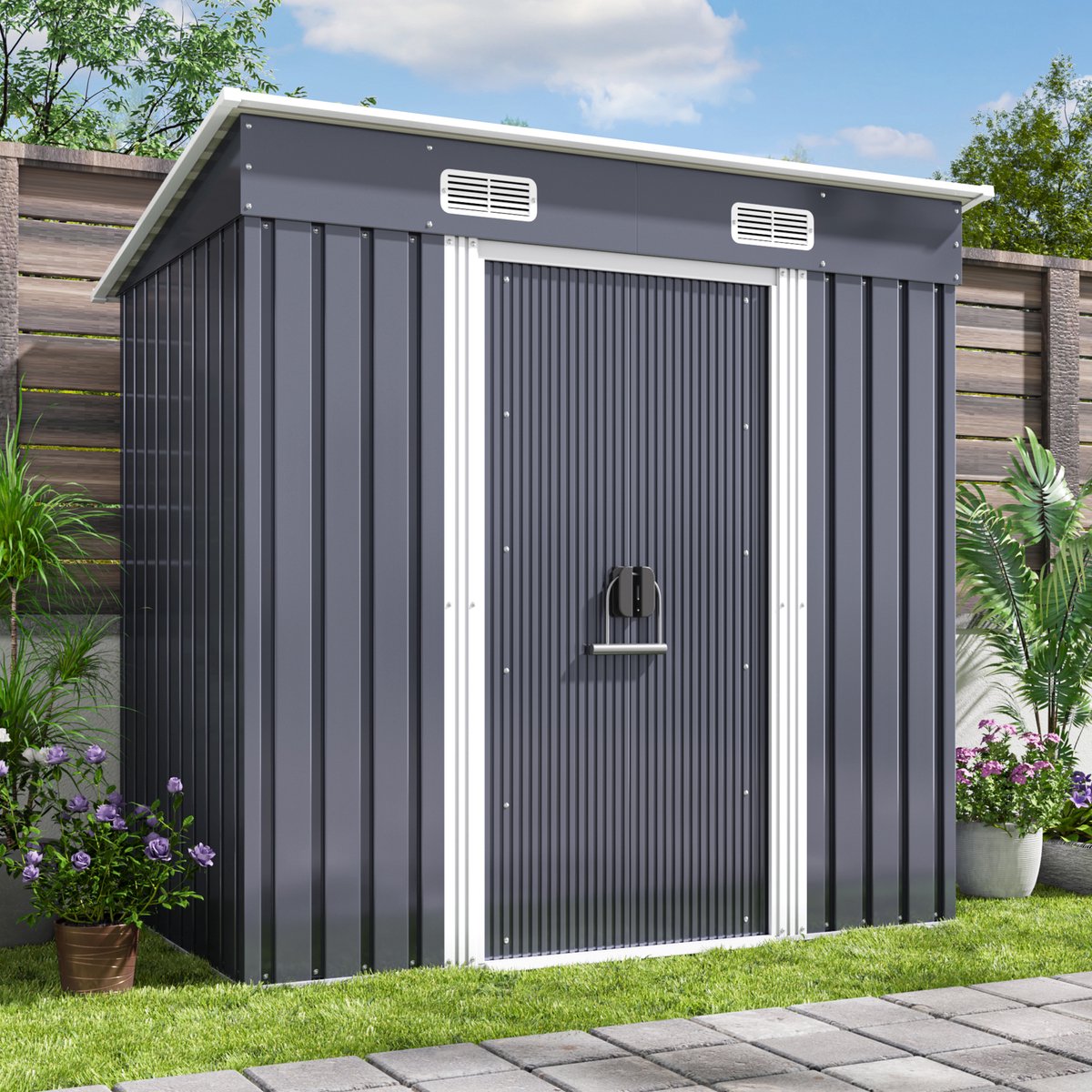 Xbro Tuinhuis – Metalen Gereedschapsschuur – Weerbestendige Tuinberging –Voor Achtertuin, Terras en Grasveld – 194x121x183 cm – Lichtgrijs