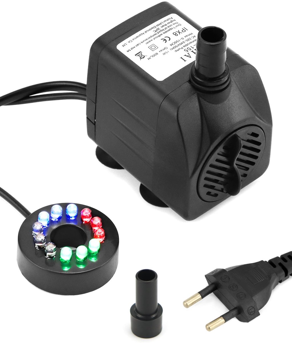 ® mini waterpomp, 800L/H, 15W, fonteinpomp voor binnen met verlichting, met 4 wisselende kleuren, voor aquarium, vijver, fontein,