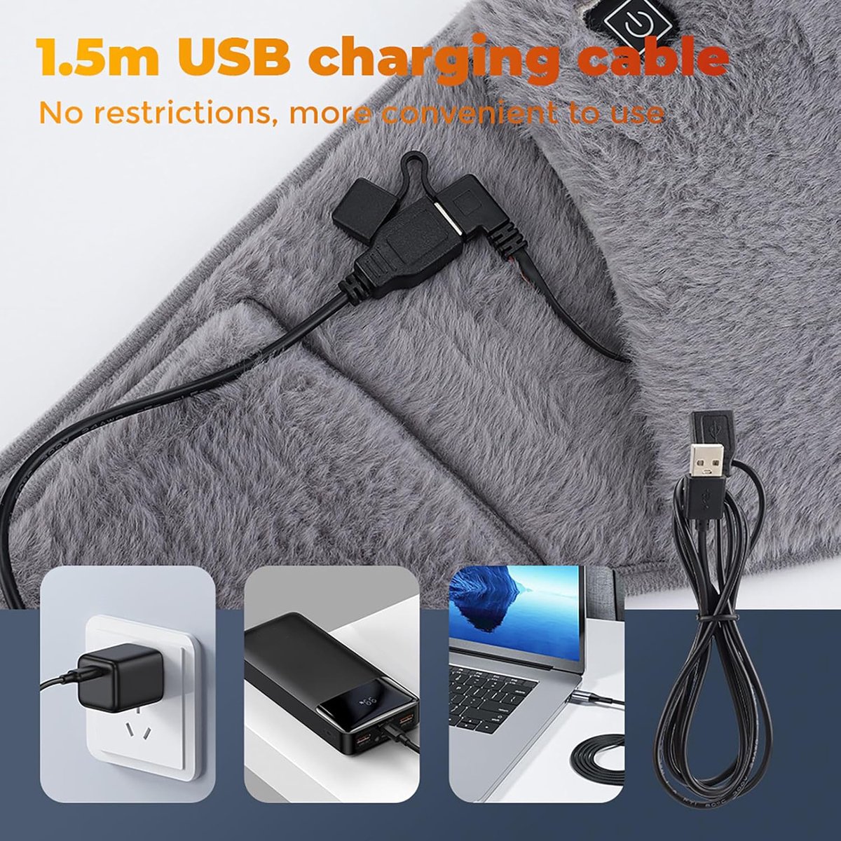 Verwarmingskussen-verwarmingsdeken-USB-verwarmingskussen voor kramp- en onderrugpijnverlichting - 41,3-inch oplaadbare verwarmde rugmassager - voor vaders, mannen, vrouwen en moeders - grijs - 117,5 x 22 cm – foto 2
