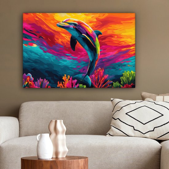 Tableau sur toile 60x40 cm - Décoration murale Dauphin - Coloré - Océan - Corail - Décoration murale salon - Décoration chambre - Accessoires chambre - Peintures sur toile