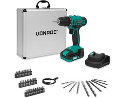 VONROC Accuboormachine 20V – 19 schroefstanden + boorstand – Incl. 2.0Ah accu, snellader en 46 accessoires in luxe koffer