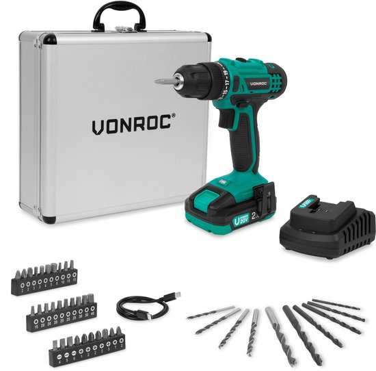 VONROC Accuboormachine 20V – 19 schroefstanden + boorstand - Incl. 2.0Ah accu, snellader en 46 accessoires in luxe koffer