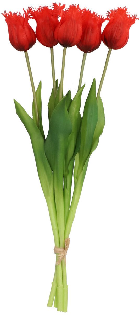 DK design Kunst tulpen boeket - 5x stuks - rood - real touch - 46 cm - levensechte kunstbloemen