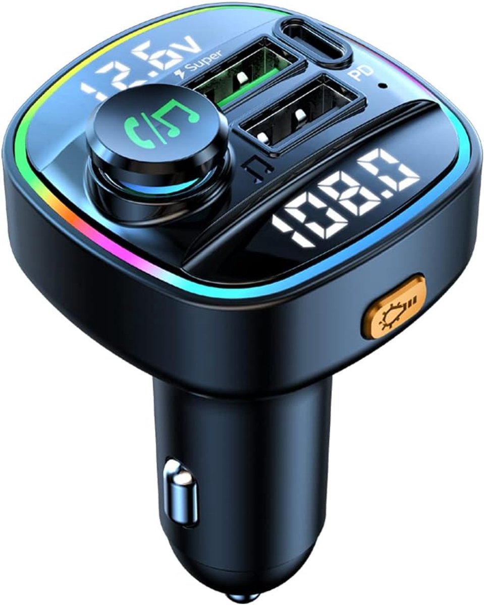Bluetooth FM-zender voor in de auto - Handsfree bellen, display met twee schermen, QC3.0 en USB-C PD 20W snellader en Bluetooth-adapter voor autoradio met 7 kleuren LED-achtergrondverlichting, ondersteuning voor USB-schijf