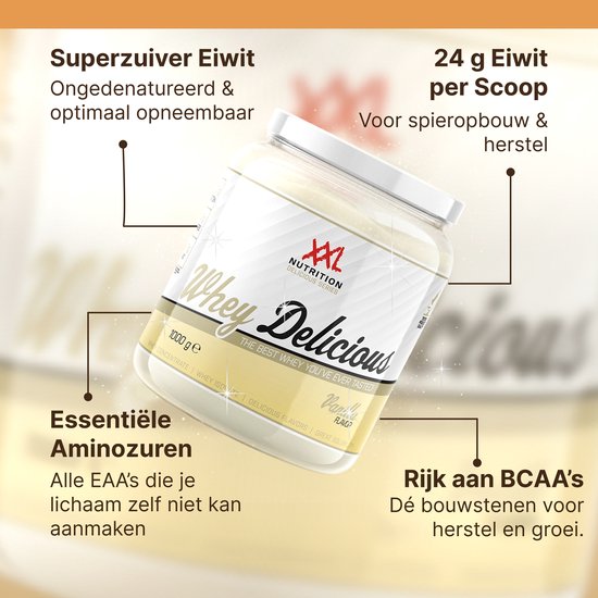 XXL Nutrition - Whey Delicious - 80% Eiwit - Vanille - Wei Eiwitpoeder met BCAA & Glutamine, Proteine Poeder, Eiwit shake, Whey Protein - Diverse Smaken - 1000 gram (33 shakes)
