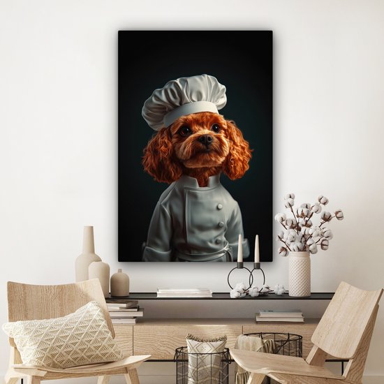 Canvas schilderij 80x120 cm - Exclusieve wanddecoratie Bruin - Kok - Hondje - Muurdecoratie woonkamer - Slaapkamer decoratie - Kamer accessoires - Schilderijen op canvas