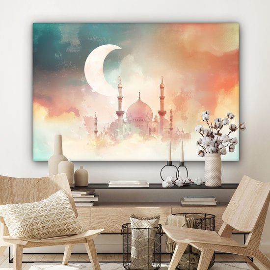 Peinture sur toile 120x80 cm - Décoration murale Mosquée - Nuages ​​colorés - Arabe - Ramadan - Islamique - Décoration murale salon - Décoration chambre - Accessoires chambre - Peintures sur toile