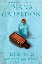 Boekomslag van "Lord John and the Private Matter" door Diana Gabaldon, met twee bruine en blauwe flacons op een lichtblauwe achtergrond met decoratieve krullen.
