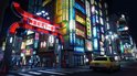 Nachtelijk stadsbeeld van Japan met neonreclames, een gele taxi en voetgangers.