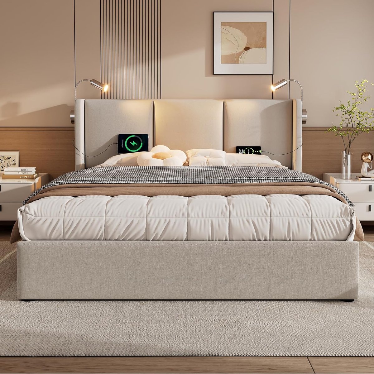 Tweedehands bed 160x200 met leeslamp en USB oplaadfunctie - Gestoffeerd tweepersoonsbed me