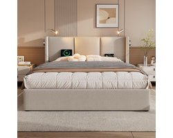Tweedehands bed 160x200 met leeslamp en USB oplaadfunctie - Gestoffeerd tweepersoonsbed met opbergruimte