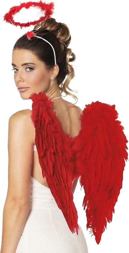 Engel/duivel verkleed set vleugels en halo diadeem - rood - verkleed vleugels 50 cm - Halloween - Carnaval