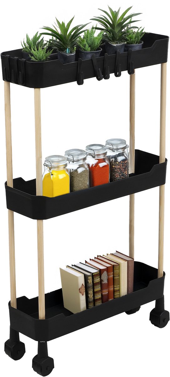Modern Spirit Keuken/badkamer opberg trolley - 3 laags - zwart - 40 x 70 cm - mesh kunststof