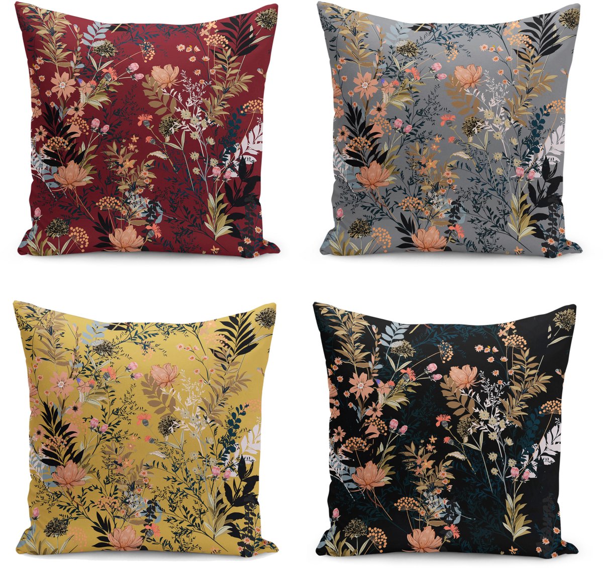 De Groen Home BLOEM - Sierkussen set van 4 - 50x50 cm - Velvet - Bloemen - Inclusief binnenkussen Bordeaux