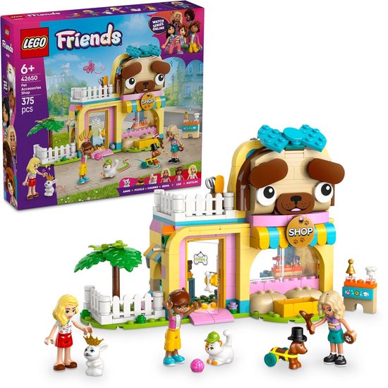 Animalerie LEGO Friends avec une grosse tête de chien comme toit. La boutique est violette, jaune, bleue et rose. Il y a trois mini-poupées, un chiot, un chaton et un lapin.