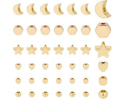 Allecto plus - Set van 120 gouden metalen kralen in 6 stijlen - Ster, hart, plat, rond, zeshoekig, los - Messing maankralen - Voor armband, ketting, oorbellen - Sieraden maken - Ambachtelijke benodigdheden.