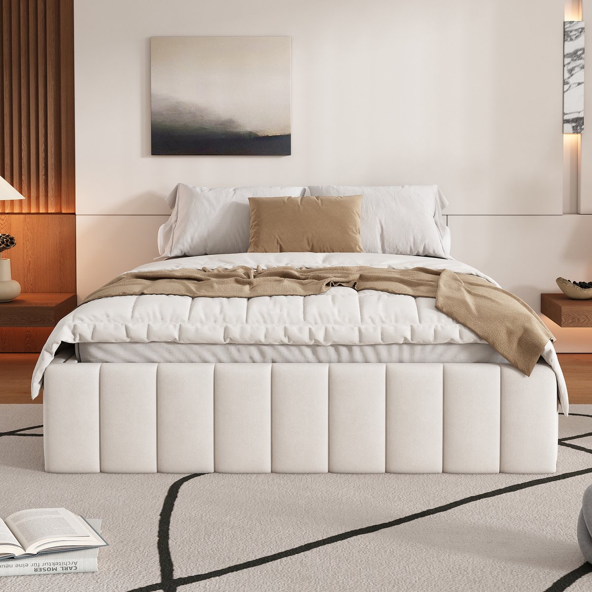Merax Gestoffeerd bed 140 x 200 cm - tweepersoonsbed met bedbodem - zonder rugleuning - beige - zonder matras