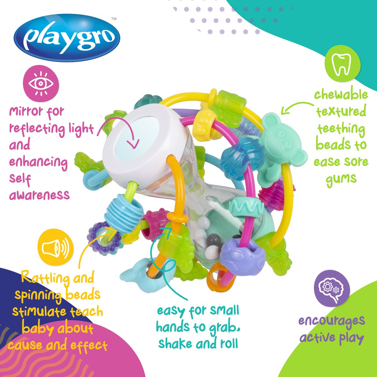 Playgro- Spelen en leren bal - Baby bal - Baby Speelgoed - Educatief baby speelgoed - Speelgoed Baby - Activity centre - Rammelaar - Activiteiten speelgoed - Cadeau - stimuleert ontwikkeling — afbeelding 5