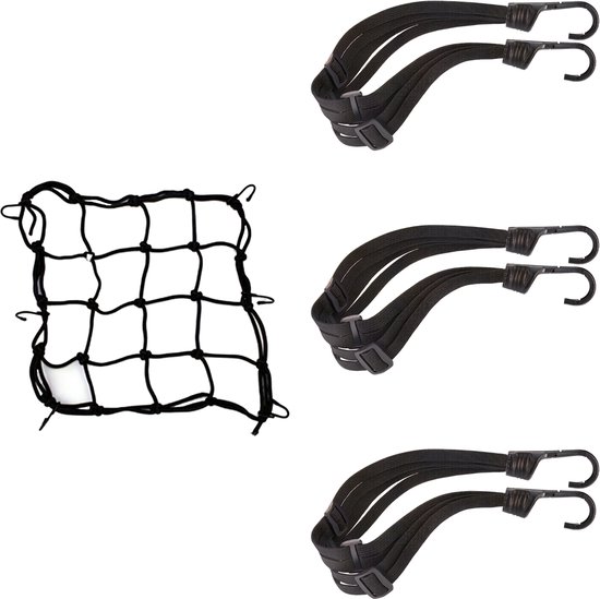 Somstyle 4-Delige Snelbinder Fiets Set - Universeel - Bagagebinder met Haak - Spin - Bagagenet - Zwart