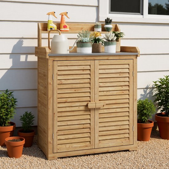 Bealife Plantentafel met onderkast, tuinkast met werkblad met 1 beweegbare plank voor binnen en buiten (grijs, 98 x 48 x 95 cm