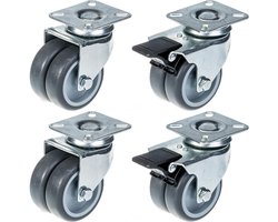 75 mm (3 inch) dubbelwielige zwenkwielen met grijs rubber, zwenkbaar en met rem, draagvermogen 400 kg, set van 4