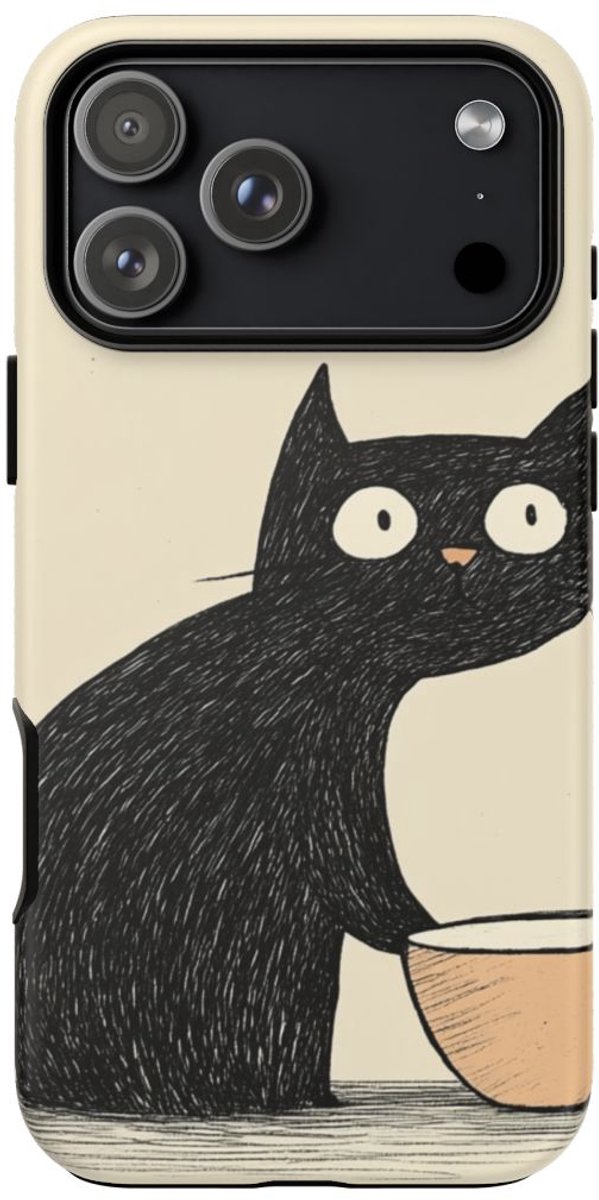 Zwarte Kat met Kom Illustratie – Telefoonhoesje Geschikt voor iPhone 17 Pro Max