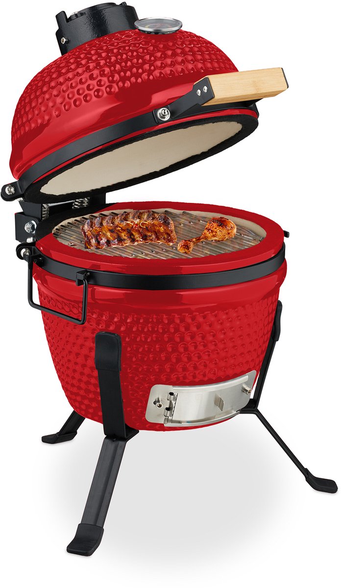 Kamado barbecue - Ø 26 cm - keramisch - met thermometer - deksel - rood