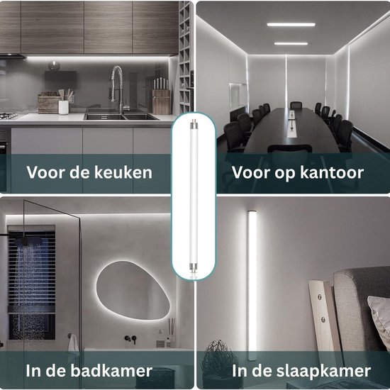 Collage van TL-buizen in keuken, kantoor, badkamer en slaapkamer. TL-buis centraal.