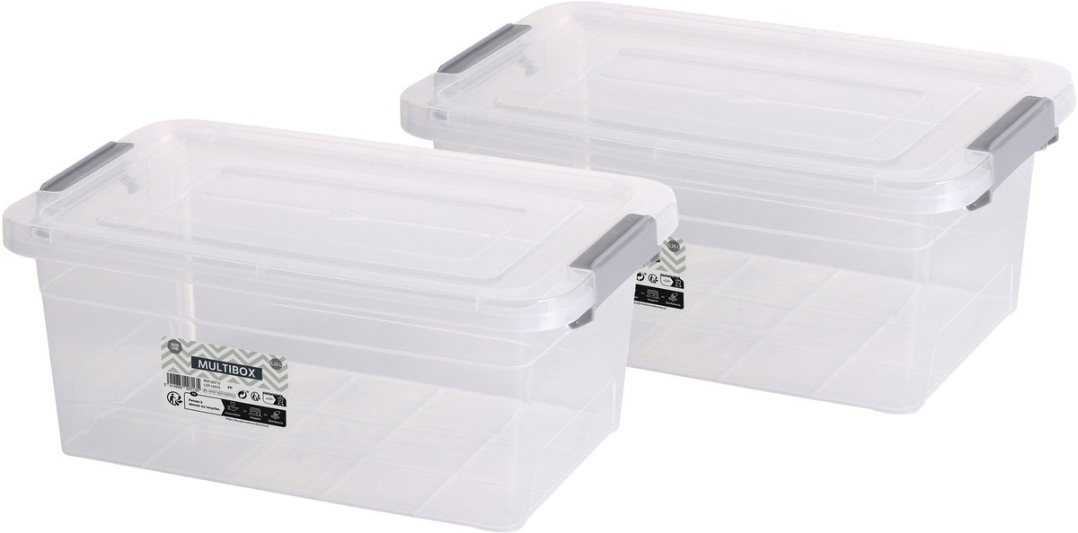 Urban Living Opberg box - 2x - 5,25 liter - 30 x 20 x 13 cm - deksel en clips - waterdicht - tuin/schuur/kast Grijs