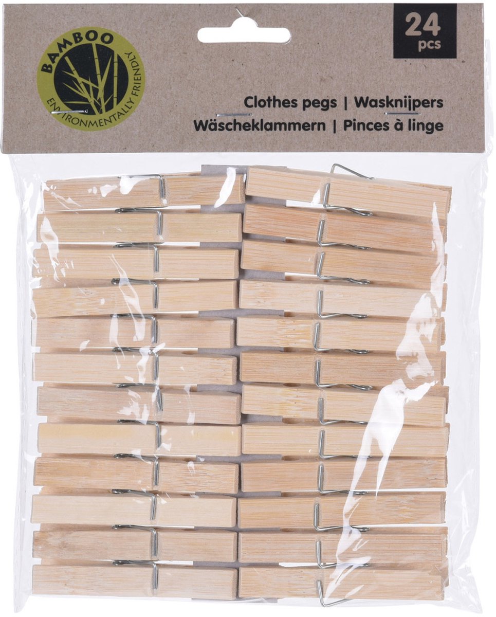 Wasknijpers naturel - 48x - bamboe hout - 7 cm - houten knijpers