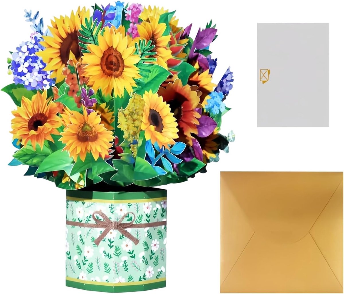 Pop-up kaart bloemen - 3D-stereo-effect - Moederdag - opvouwbaar boeket - met wenskaart en envelop - 3D zonnebloemboeket - geschikt voor decoratie en cadeau