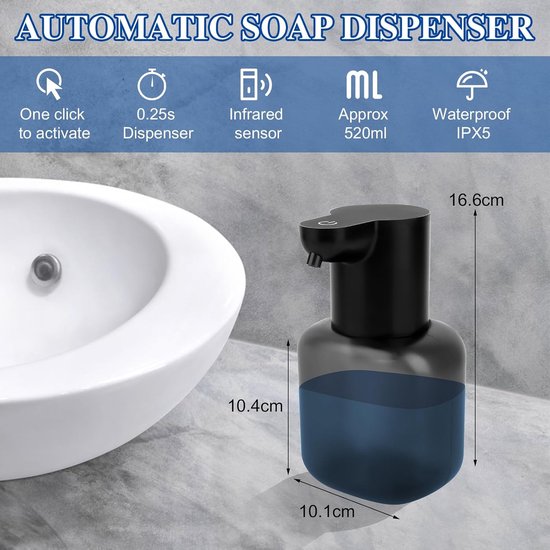 HMJIA Zeepdispenser Automatische 4-traps hoeveelheidsregeling IPX5 Waterdichte Batterijgevoede 400 ml Zeepdispenser met Sensor voor Keuken en Badkamer