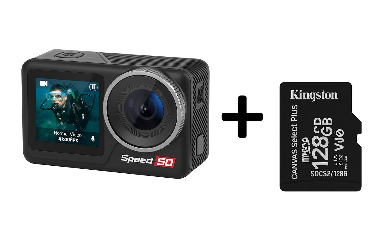 NexZone - Action Camera - Incl. 128GB SD Kaart - Dual Lens 5K - Dubbele batterij - Waterdicht tot 6 m (40 m met Case) - 170° Wide-Angle - WiFi & Touchscreen - Actioncam - Vlog & Sportcamera – Zwart