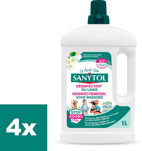Sanytol Desinfecterend Wasmiddel 1L – voor Hygiënisch schone was – verwijdert bacteriën & geurtjes – 4 stuks